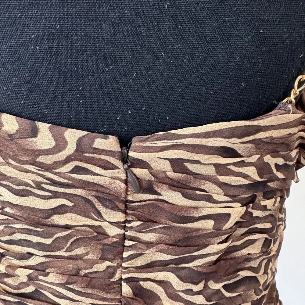 Niteline Brown & Tan Zebra Print Ruched Midi Dress Gold Chain Straps Size 12